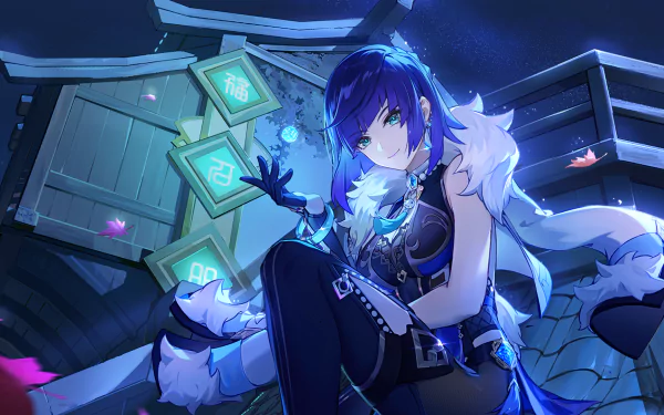 HD PC desktop wallpaper of Yelan from Genshin Impact, featuring her surrounded by glowing blue elemental cubes in a dark, atmospheric setting.