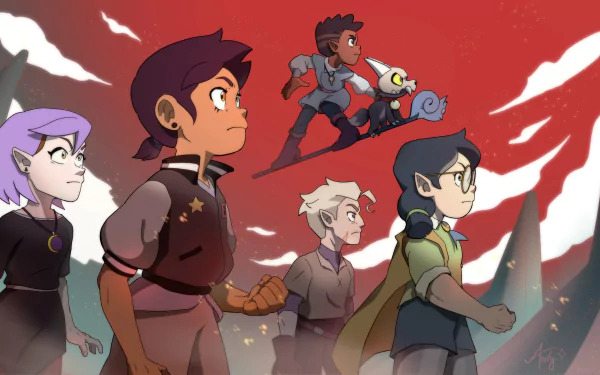 HD desktop wallpaper featuring Gus Porter, Willow Park, Amity Blight, Luz Noceda, and King Clawthorne from the TV show The Owl House against a red sky backdrop.