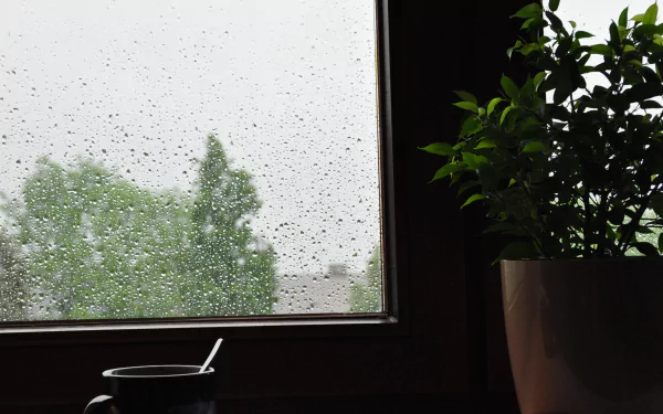 4K Ultra HD desktop wallpaper showing a dark, rainy scene through a window with raindrops on the glass, accompanied by a silhouetted potted plant indoors.