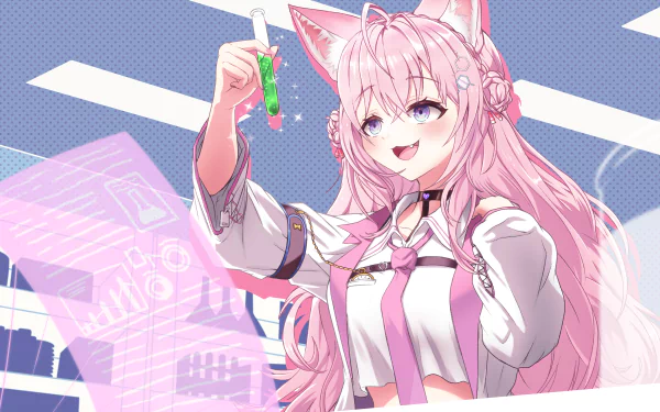 Hakui Koyori from hololive — pink-haired, cat-eared anime Virtual YouTuber smiling and holding a glowing test tube; 4K Ultra HD PC desktop wallpaper/background.