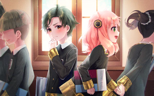 HD anime desktop wallpaper featuring Damian Desmond and Anya Forger from Spy x Family standing back-to-back in a sunlit classroom.