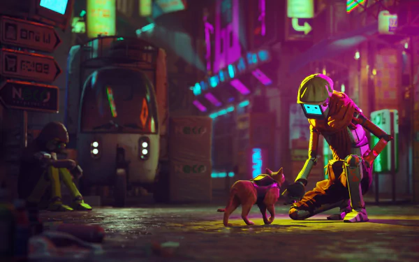 HD PC desktop wallpaper featuring a vibrant cyberpunk city scene from the video game Stray, with a robot petting a cat under colorful neon lights.