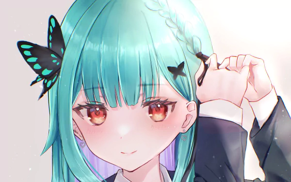 HD PC wallpaper of hololive Virtual YouTuber Uruha Rushia: close-up anime portrait with teal hair, braided strand, red eyes and black butterfly hair clips.