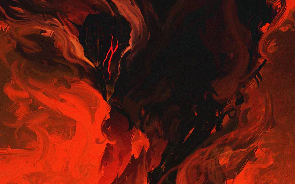HD PC desktop wallpaper featuring Guts from the anime Berserk, engulfed in intense fiery red and black flames, capturing the dark and powerful essence of the series.
