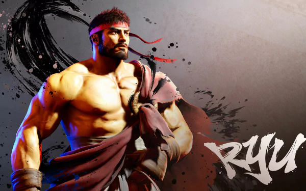 Ryu from Street Fighter 6: muscular, scarred martial artist in torn gi and red headband, with bold brushstroke backdrop — HD PC desktop wallpaper, video game artwork.