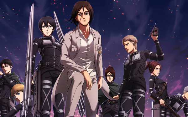 Anime-style Attack on Titan characters stand ready against a dark, starry sky in this detailed 4K Ultra HD PC desktop wallpaper and background.