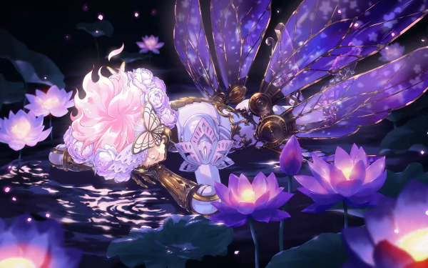 HD desktop wallpaper featuring Ortho Shroud from the video game Twisted Wonderland, surrounded by glowing purple lotus flowers and intricate butterfly wings.