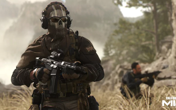 Call of Duty: Modern Warfare II 4K Ultra HD PC desktop wallpaper. Skull-masked operator grips an assault rifle in a grassy, rocky landscape with a crouched teammate behind.