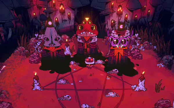 4K Ultra HD PC desktop wallpaper of Cult of the Lamb: stylized red-lit ritual clearing with pentagram, altar, masked cultists and candles in moody cartoon-horror art.