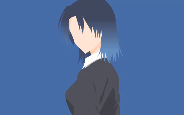 Minimalist HD PC wallpaper of Kamiya from Shikimori's Not Just a Cutie — anime-style side profile with blue ombré hair and a school uniform on a solid blue background.