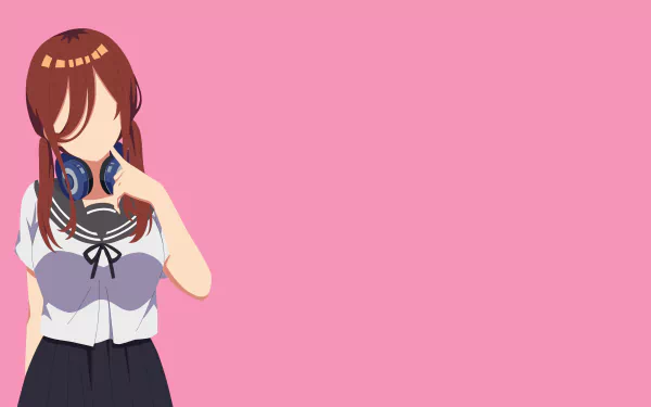Minimalist 4K Ultra HD anime wallpaper featuring Miku Nakano from The Quintessential Quintuplets against a solid pink background, designed as a PC desktop background.