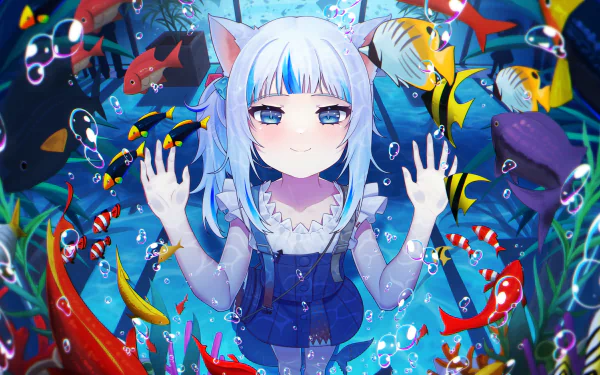 4K Ultra HD anime wallpaper featuring Gawr Gura from hololive as a Virtual YouTuber surrounded by colorful fish in an underwater scene.