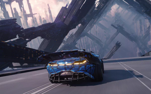 A sleek cyberpunk car speeds down a futuristic highway beneath towering, angular sci-fi structures in a detailed 4K Ultra HD PC desktop wallpaper.