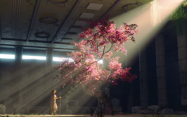 Fantasy forest 2K Quad HD PC Desktop Wallpaper and Background: a glowing pink tree bathed in sunbeams inside a ruined hall, a lone figure gazes beneath shafts of light.