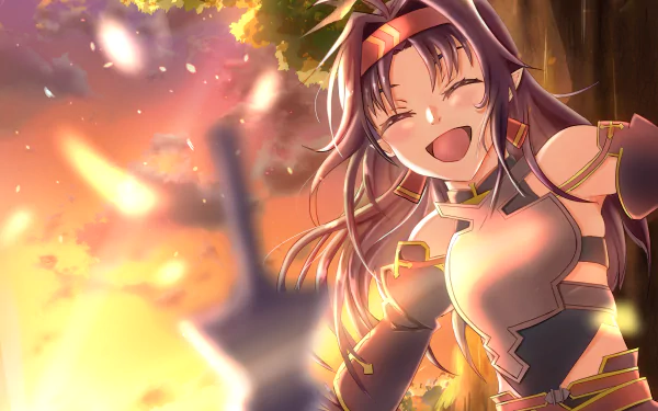 Yuuki Konno from Sword Art Online laughing in autumn light, vibrant 4K Ultra HD anime artwork—PC desktop wallpaper/background showing her cheerful pose and falling leaves.