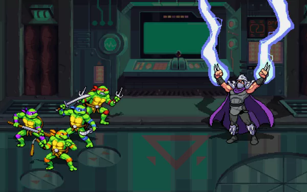 HD wallpaper of Teenage Mutant Ninja Turtles: Shredder's Revenge game, featuring the iconic turtles in combat with Shredder, set against a high-tech background.