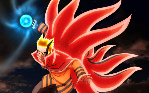 Naruto Uzumaki in Baryon Mode unleashing Rasengan, anime-style, rendered in 4K Ultra HD as a dynamic PC desktop wallpaper from Boruto series.