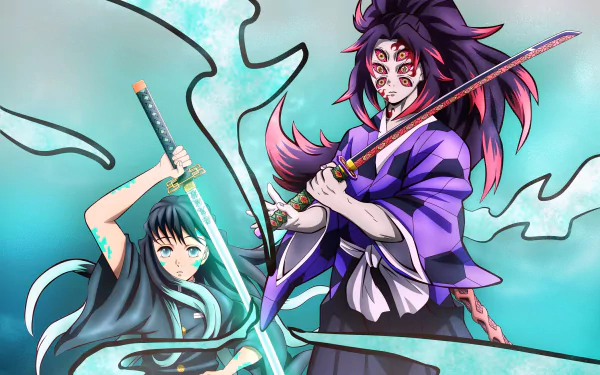 4K Ultra HD anime wallpaper featuring Kokushibo and Muichiro Tokito from Demon Slayer: Kimetsu no Yaiba, showcasing dynamic poses with swords against a teal background.