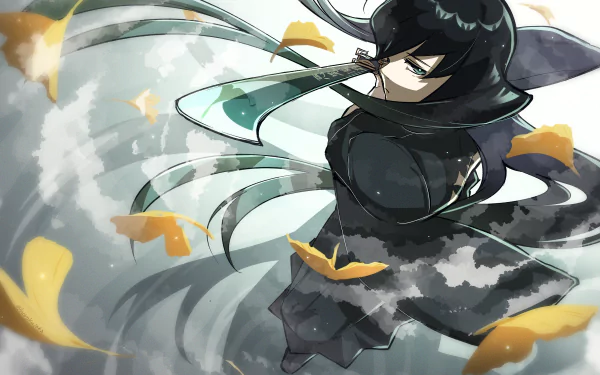 4K Ultra HD desktop wallpaper of Muichiro Tokito from the anime Demon Slayer: Kimetsu no Yaiba, featuring dynamic motion and falling yellow leaves.