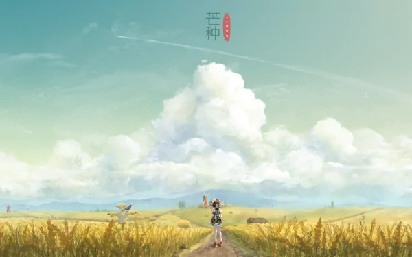 Aya Shameimaru from Touhou stands on a sunlit dirt path through golden fields under a vast sky of billowing clouds — 4K Ultra HD anime PC desktop wallpaper background.