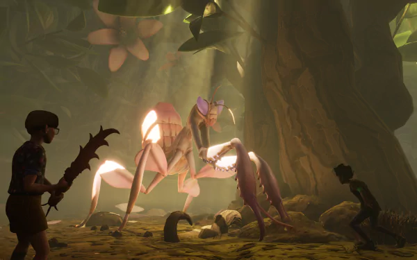 2K Quad HD PC desktop wallpaper from the video game Grounded: a tiny character confronts a towering praying mantis in sunlit backyard undergrowth.