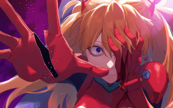 HD PC desktop wallpaper featuring Asuka Langley Sohryu from Neon Genesis Evangelion in dynamic anime style with vibrant colors and intense expression.
