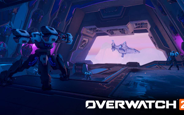 HD wallpaper featuring Overwatch 2 futuristic theme with a robot in the foreground and a spacecraft in the background.