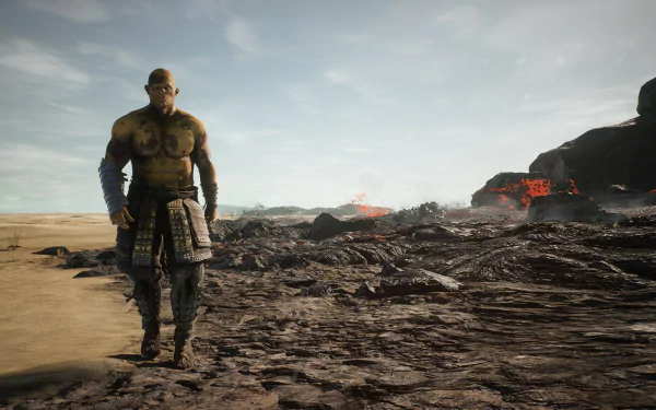HD wallpaper of Mortal Online 2 featuring a muscular character in a desolate landscape with distant red structures.