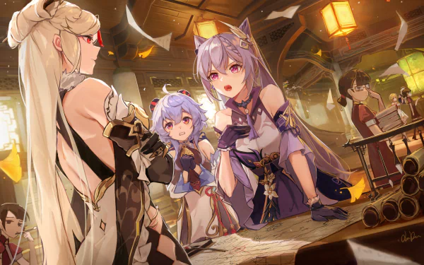 HD PC desktop wallpaper featuring Ganyu, Keqing, and Ningguang from the video game Genshin Impact, set in a warm, detailed tavern environment.