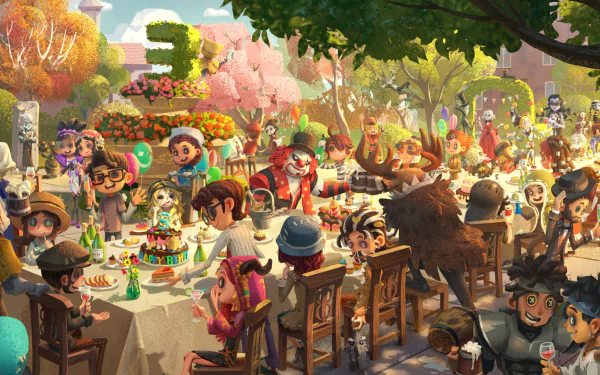 HD PC desktop wallpaper featuring colorful, detailed characters from the video game Identity V gathered in a vibrant outdoor party setting.