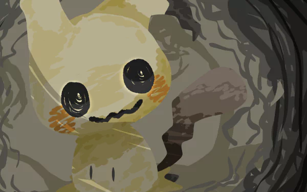HD PC desktop wallpaper featuring Mimikyu, a Pokémon character, with its eerie yet cute disguise in a softly lit, shadowy background from the video game series Pokémon.