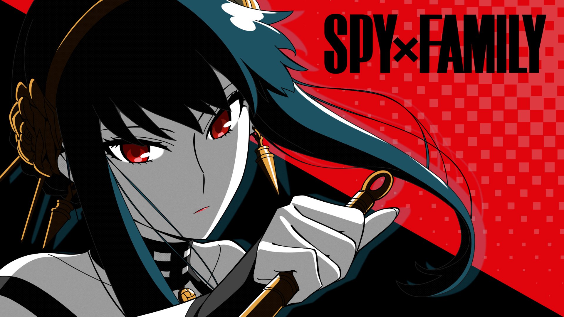 HD PC desktop wallpaper featuring Yor Forger from the anime Spy x Family, showcasing her striking red eyes against a bold red background.