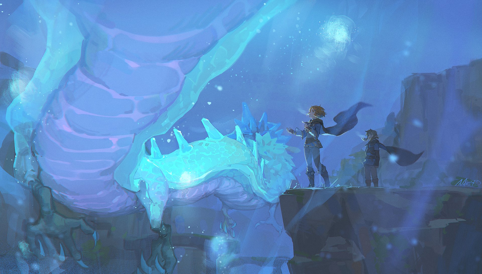 HD PC desktop wallpaper featuring Princess Zelda and two characters from The Legend of Zelda: Breath of the Wild standing near a glowing, ice-like dragon underwater.