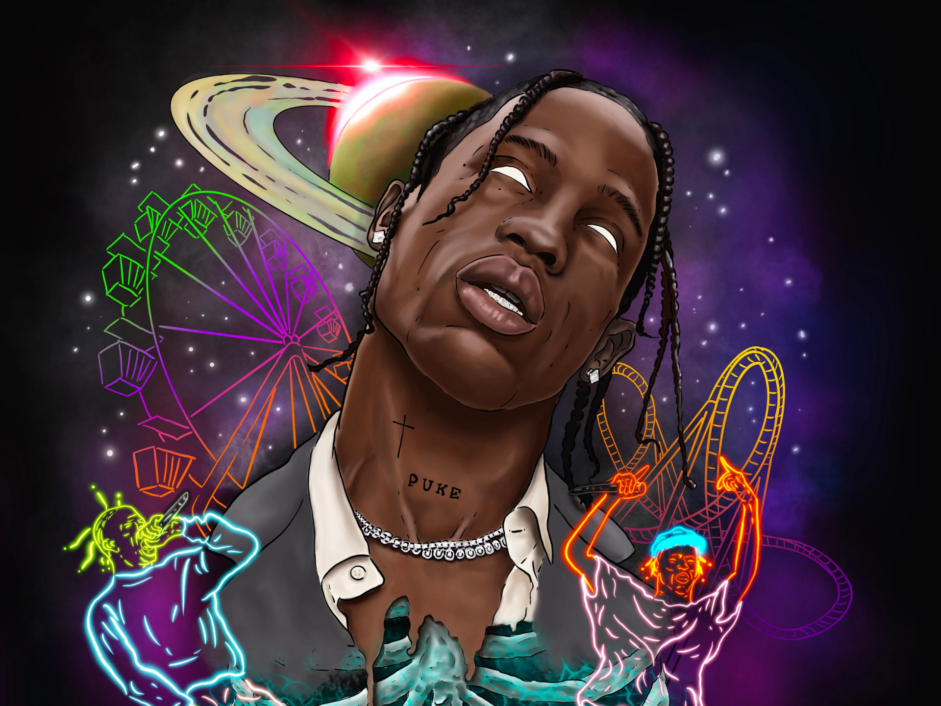 HD desktop wallpaper featuring Travis Scott with glowing eyes, set against a cosmic background with neon carnival rides and music-themed elements.