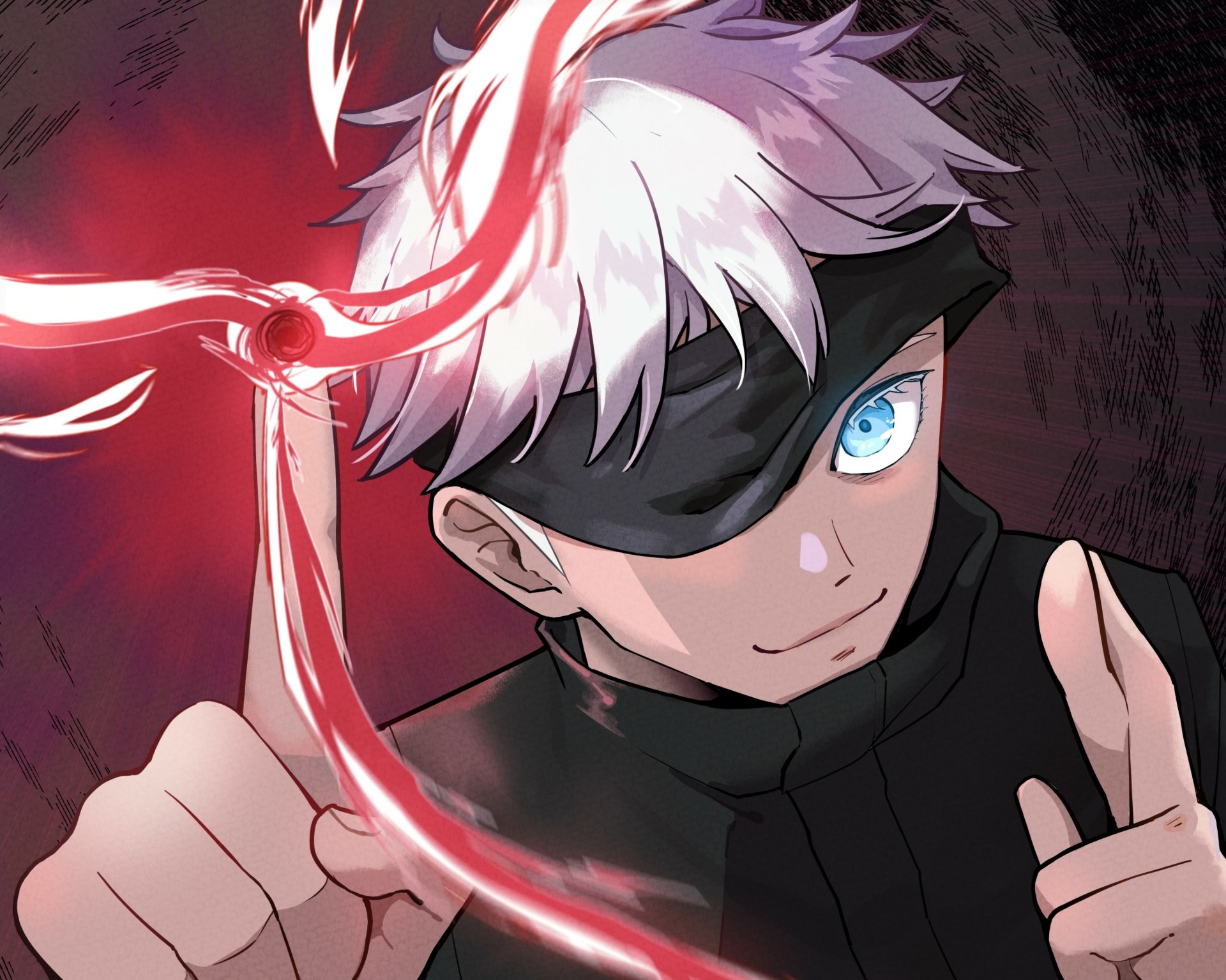 Satoru Gojo from Jujutsu Kaisen, anime HD PC desktop wallpaper: blindfolded white hair, glowing blue eye, reaching out as a crimson energy ribbon coils amid a dark, moody background.