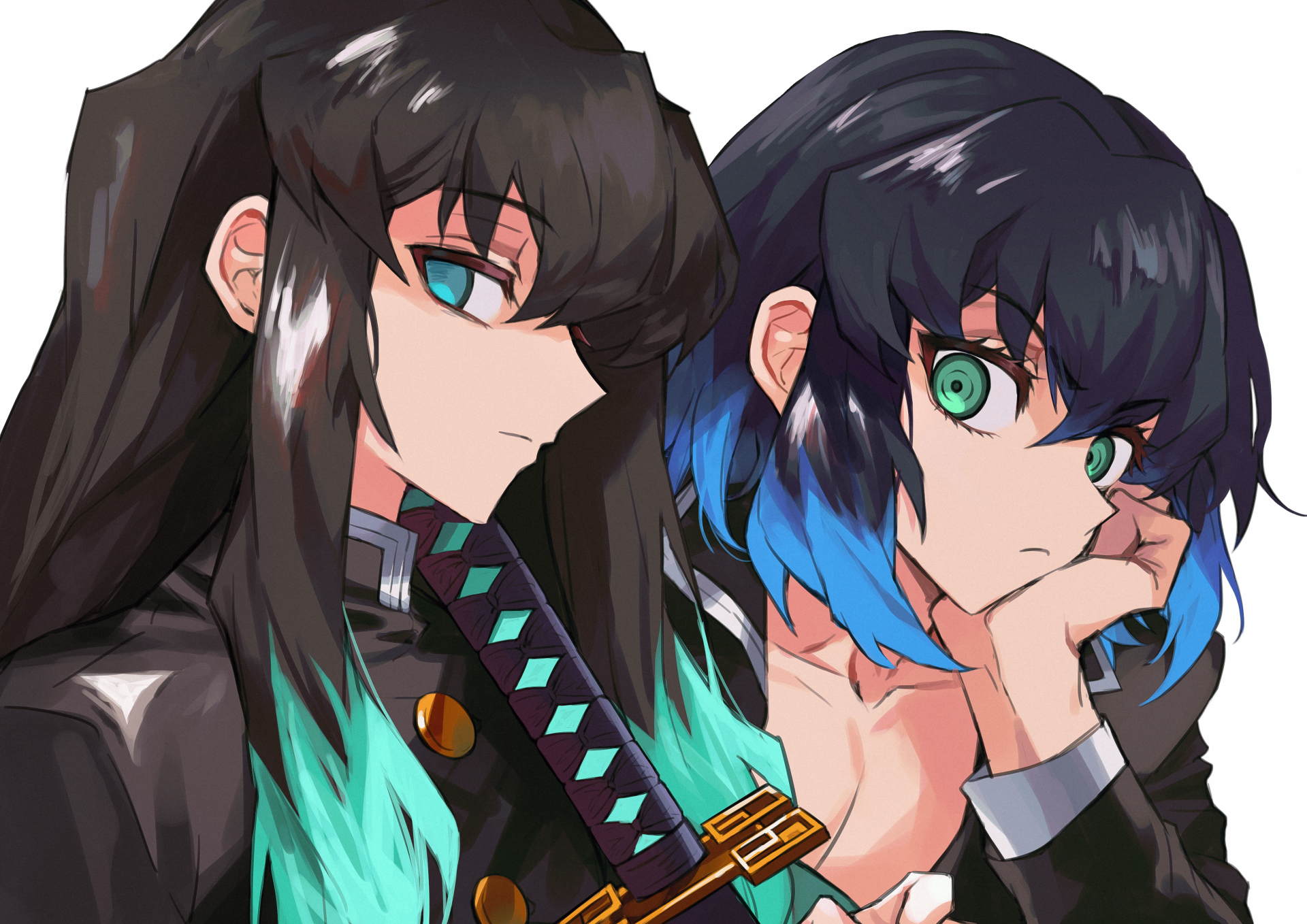 4K Ultra HD anime wallpaper featuring Inosuke Hashibira and Muichiro Tokito from Demon Slayer: Kimetsu no Yaiba with vibrant colors and detailed character art.