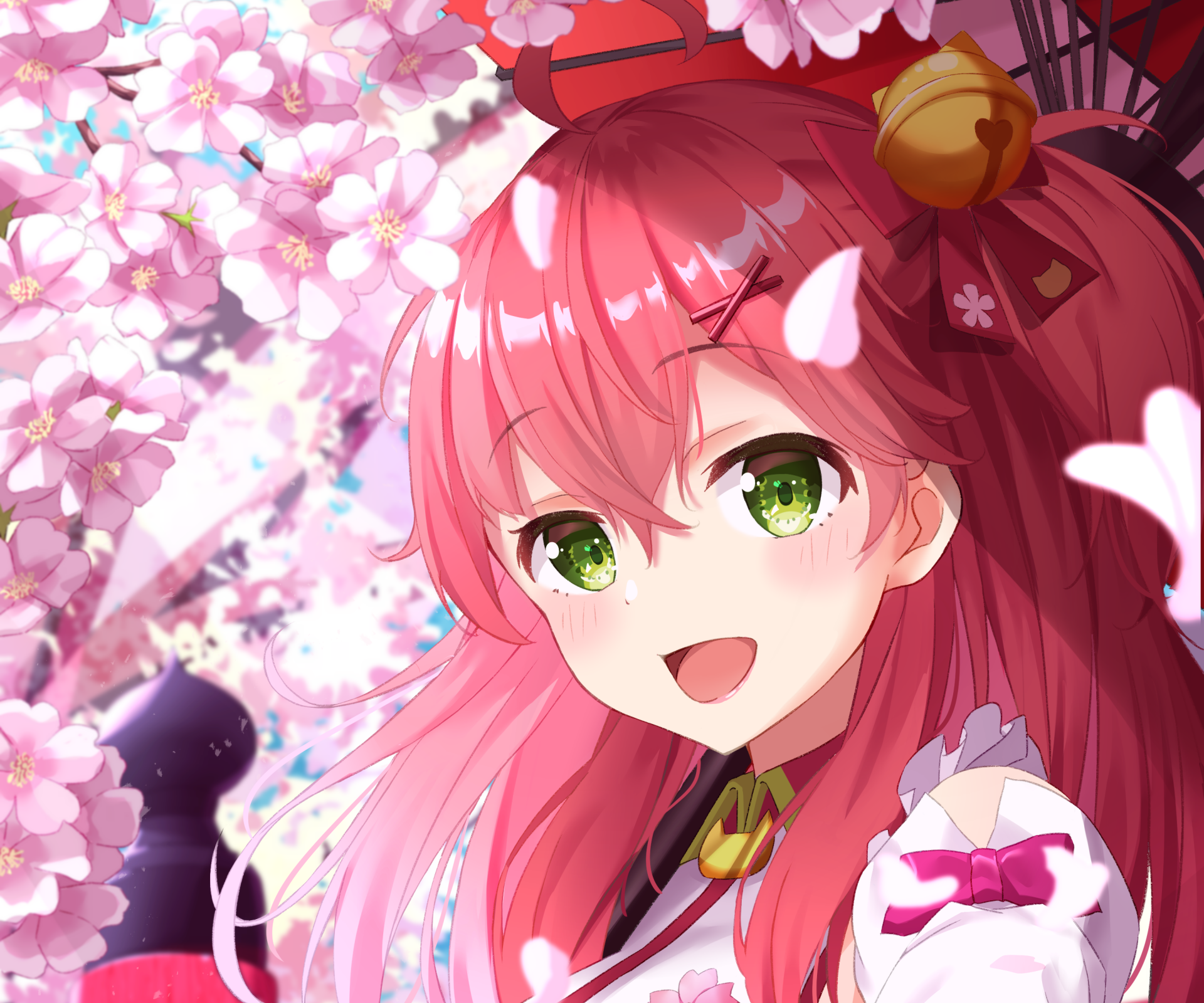 HD PC desktop wallpaper featuring Sakura Miko, the vibrant virtual YouTuber from hololive, surrounded by blooming cherry blossoms in an anime-style illustration.
