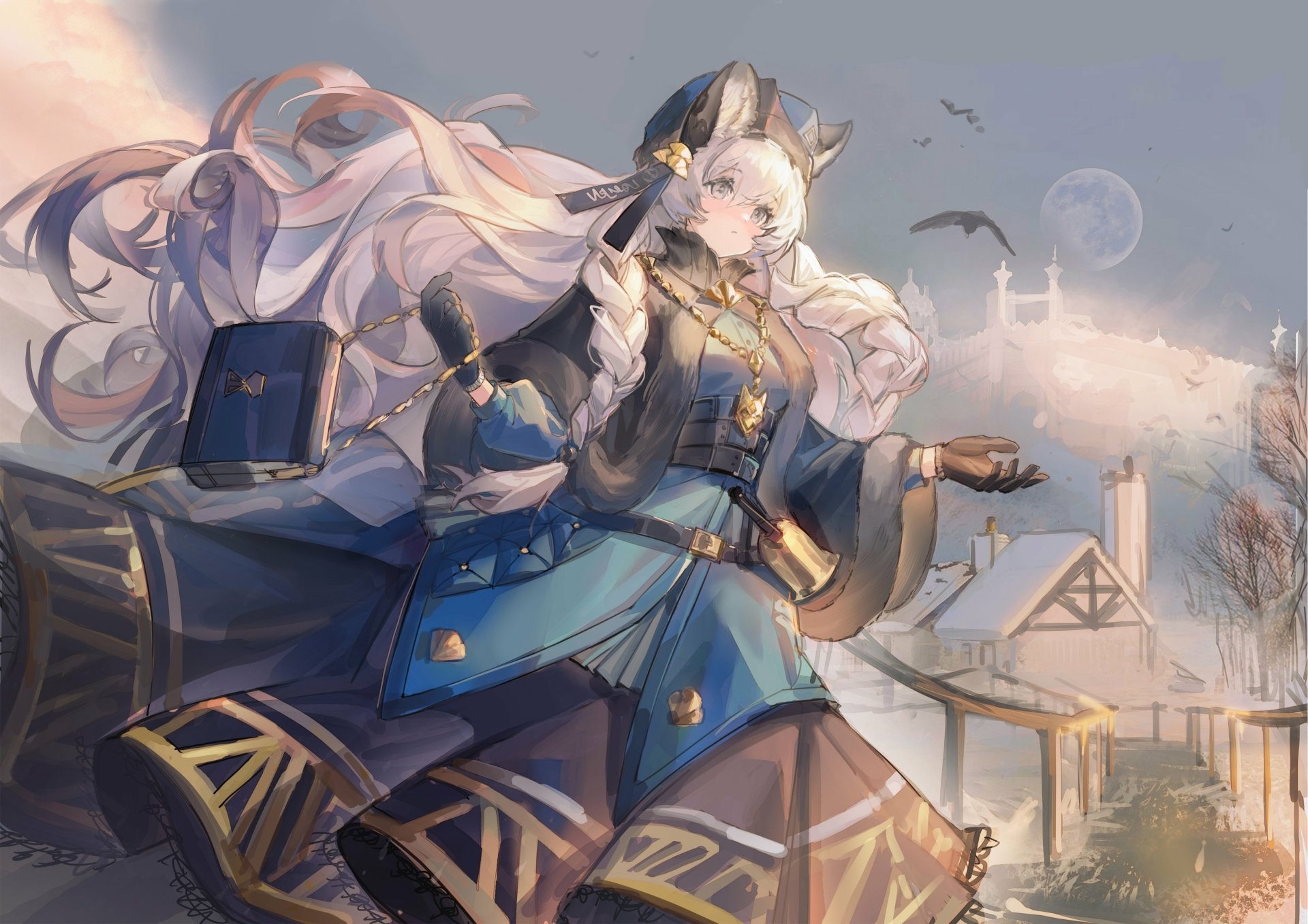 4K Ultra HD PC wallpaper featuring Pramanix from the video game Arknights, showcasing her detailed outfit and serene village backdrop under a soft moonlit sky.