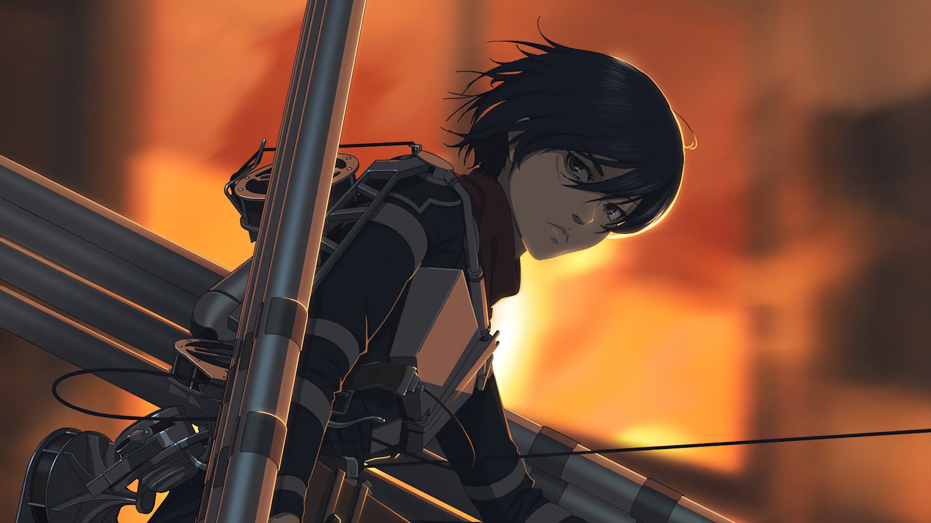 Mikasa Ackerman from Attack on Titan is depicted in a dynamic pose with detailed gear against a fiery background in this 4K Ultra HD anime desktop wallpaper.