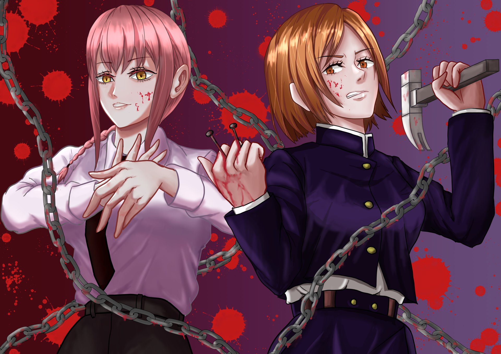 Download Nobara Kugisaki Makima (Chainsaw Man) Anime Crossover 4k Ultra HD Wallpaper by 仲邑ナオト