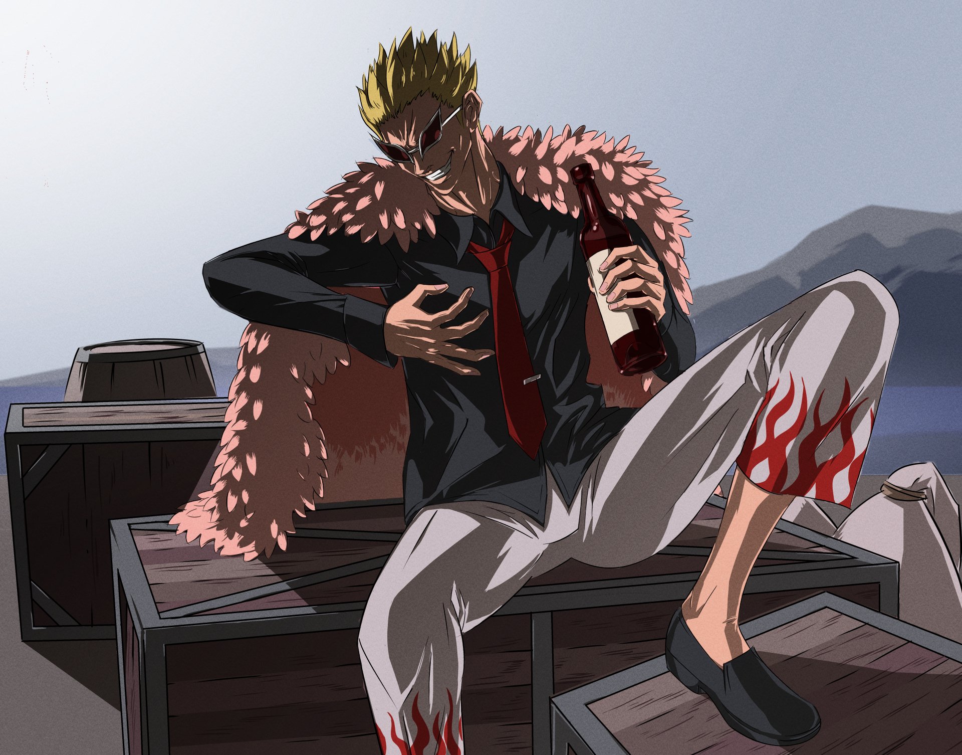 Donquixote Doflamingo from One Piece seated on crates in sunglasses and a pink feathered coat, holding a bottle — anime 5K Ultra HD PC wallpaper/background.