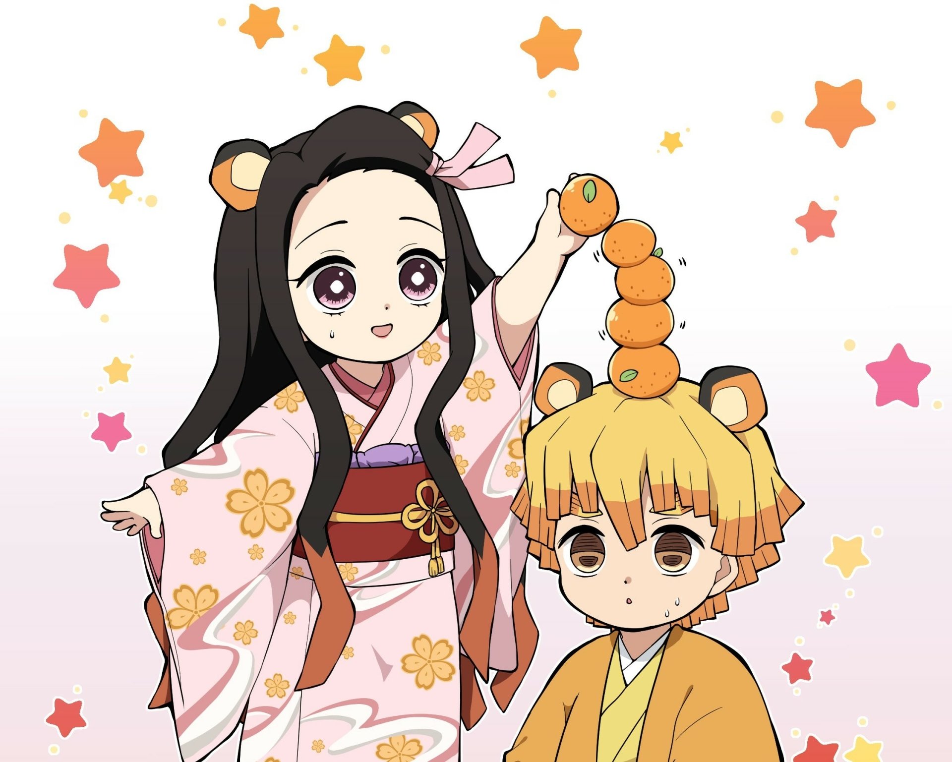 HD anime desktop wallpaper featuring Zenitsu Agatsuma and Nezuko Kamado from Demon Slayer: Kimetsu no Yaiba in cute bear-themed outfits with a starry background.