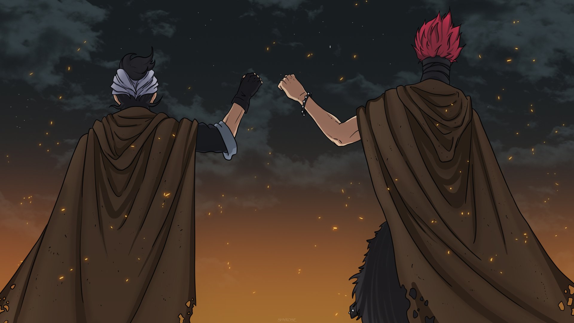 HD PC desktop wallpaper featuring two Black Clover anime characters standing side by side against a dark, fiery sky, showcasing a dramatic and intense atmosphere.