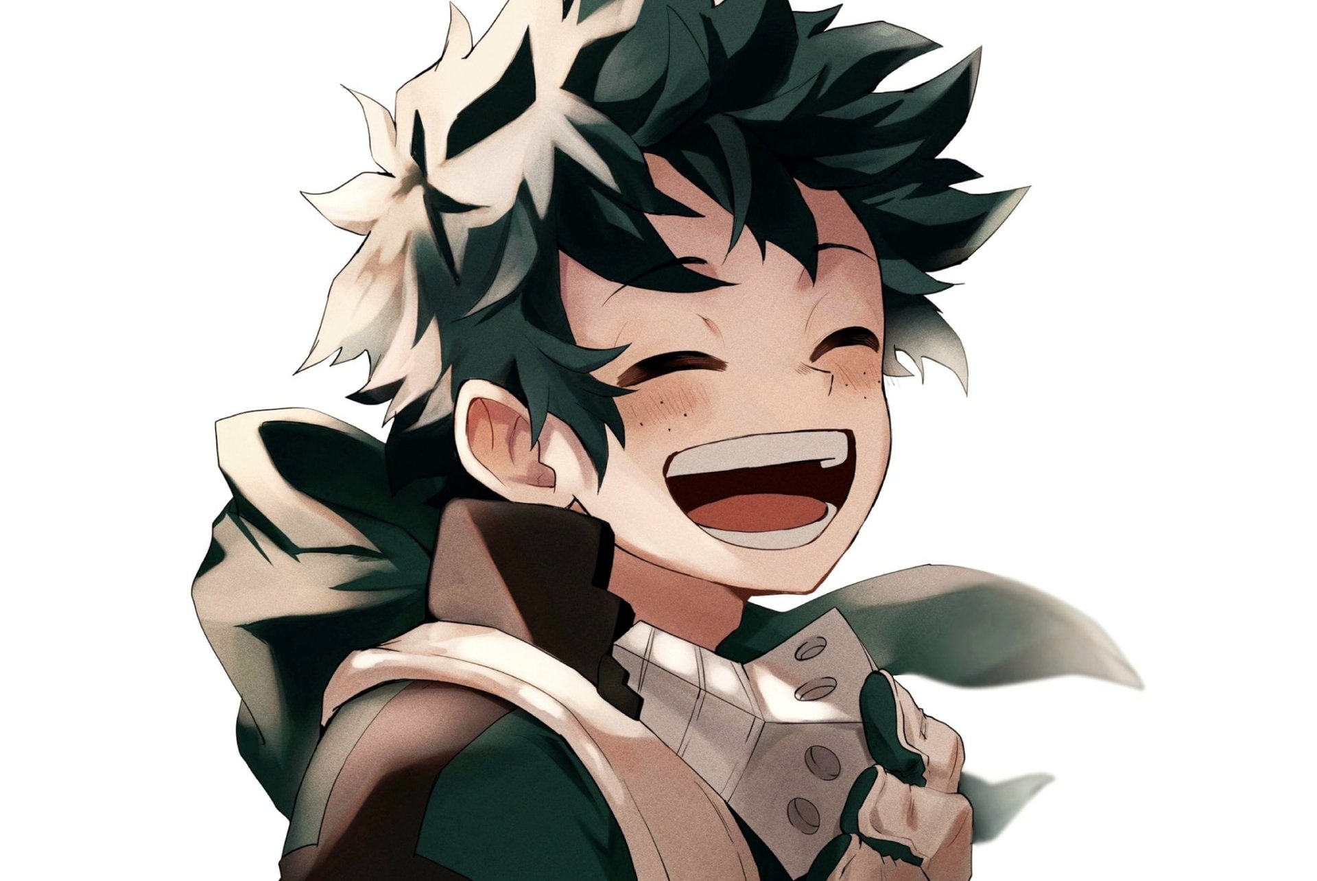 HD PC desktop wallpaper of Izuku Midoriya from My Hero Academia, laughing with eyes closed against a bright white background.