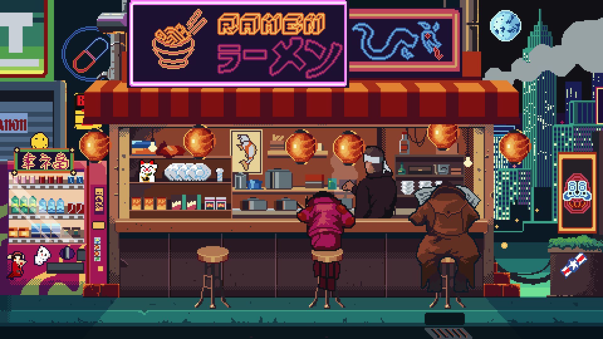 HD desktop wallpaper and background featuring artistic pixel art of a nighttime ramen shop, with neon signs and a cyberpunk cityscape in the backdrop.