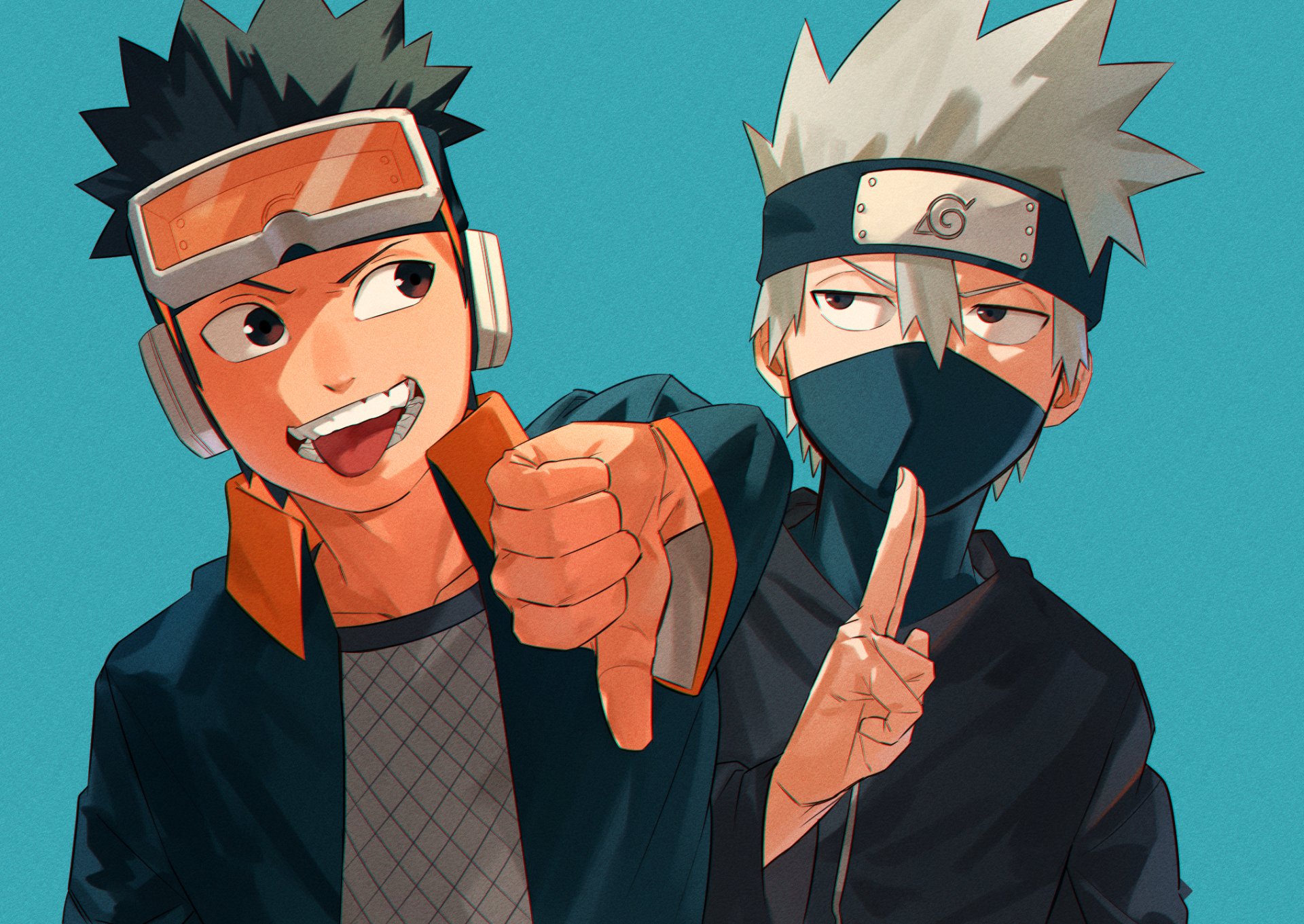 HD PC desktop wallpaper featuring anime characters Kakashi Hatake and Obito Uchiha from Naruto, set against a blue background.