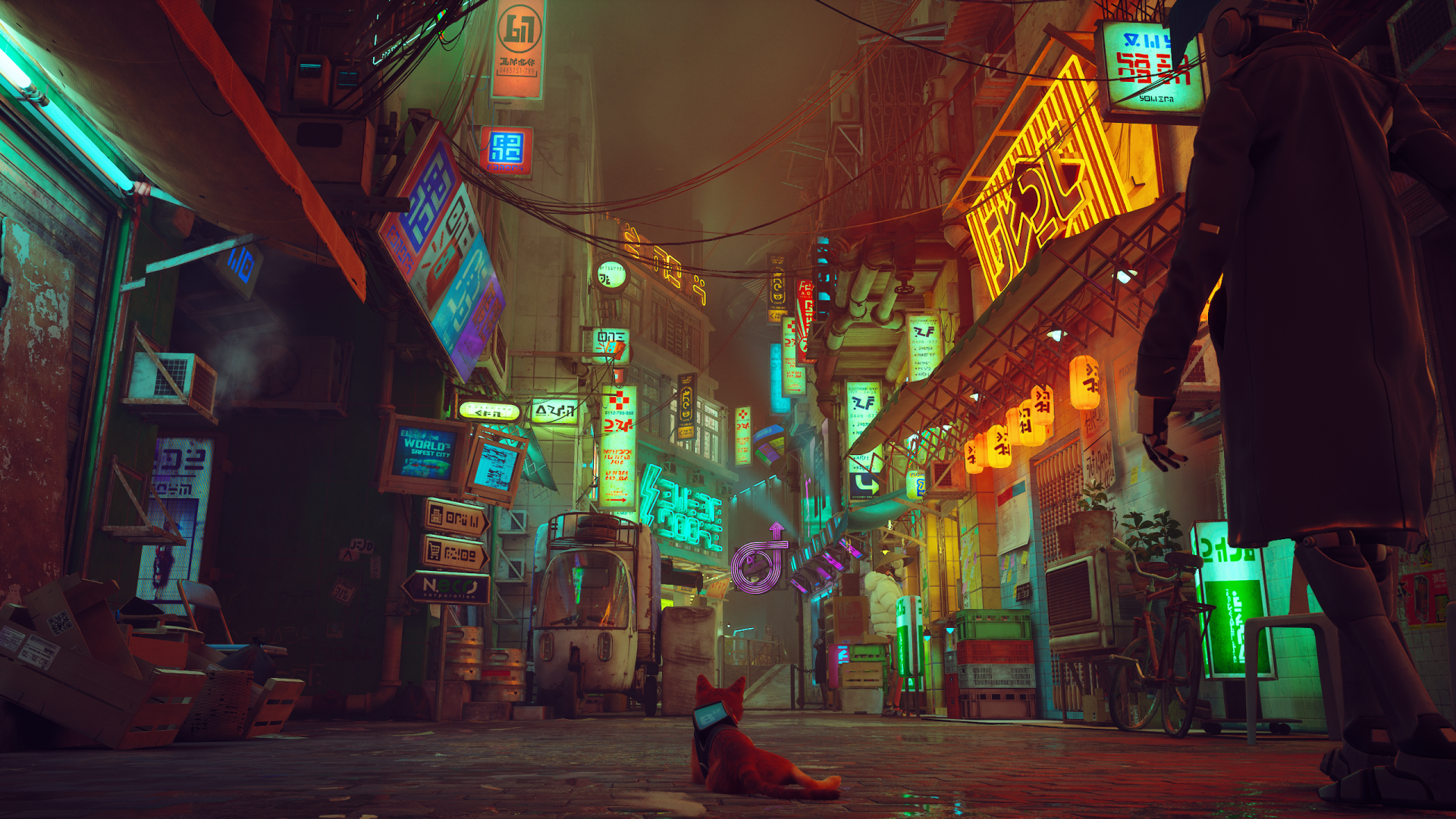 HD PC desktop wallpaper depicting a neon-lit urban alley from the video game Stray, featuring vibrant signs and a cat in the center of the scene.