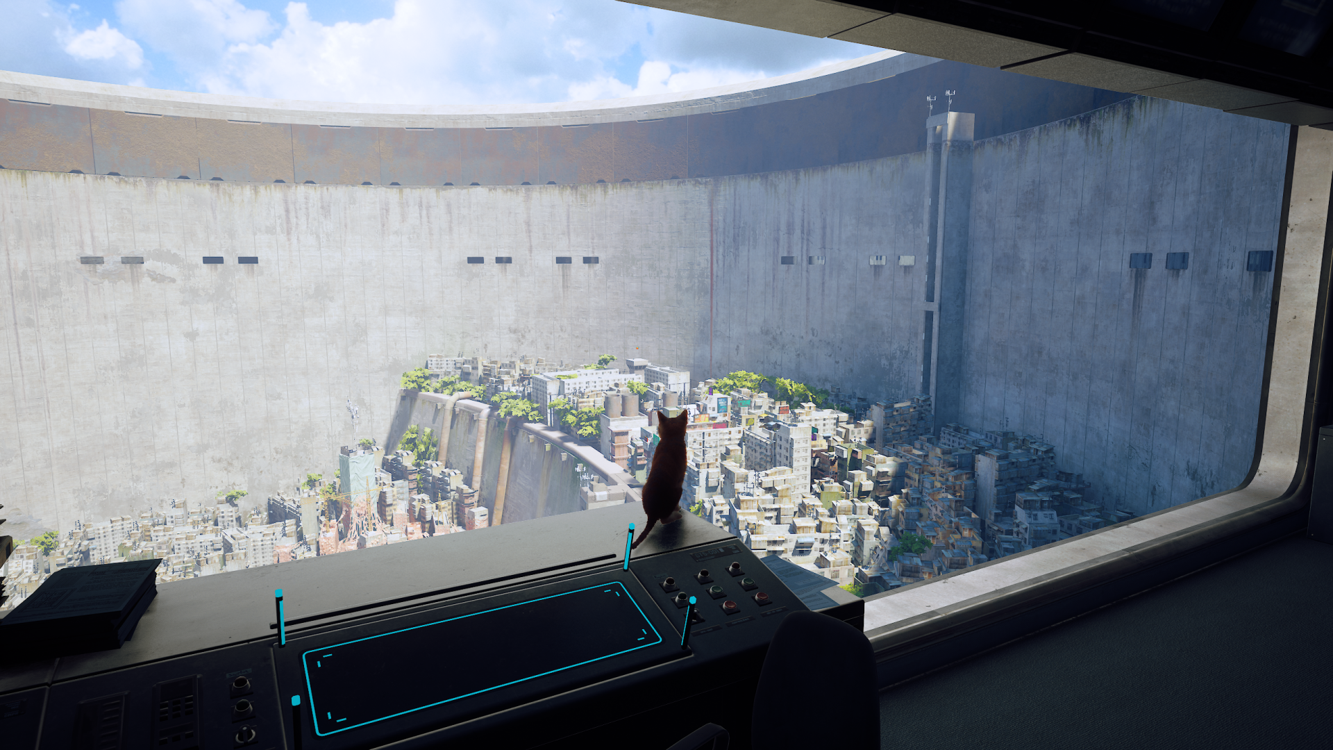 HD PC desktop wallpaper from the video game Stray, featuring a cat overlooking a futuristic cityscape through a large curved window.