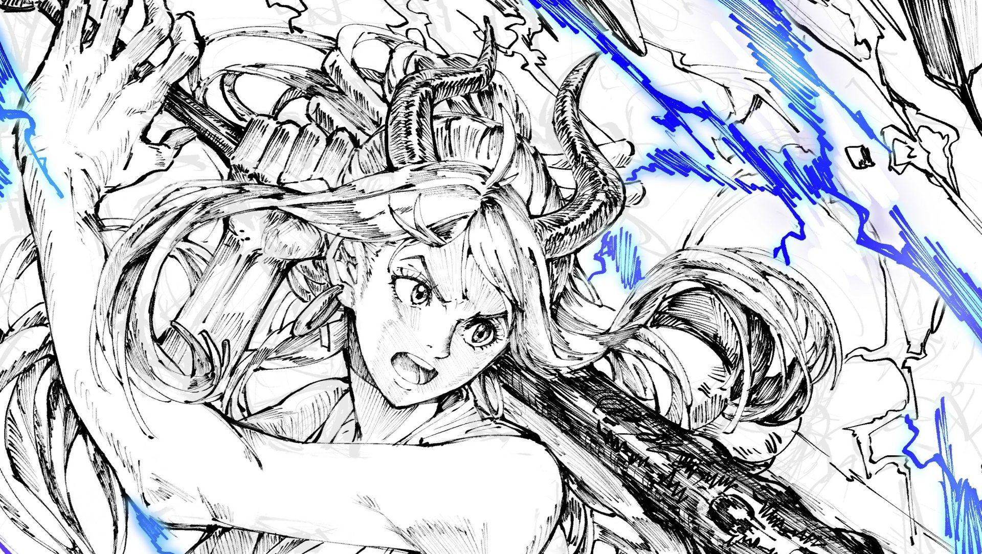 HD PC desktop wallpaper featuring Yamato from One Piece in dynamic anime style with striking blue lightning accents.