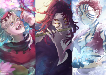 HD PC desktop wallpaper featuring Akaza, Doma, and Kokushibo from the anime Demon Slayer: Kimetsu no Yaiba in vibrant, detailed artwork.